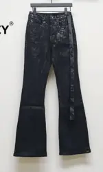 RO Style Wax Pants Men's Handmade Brushed Wax Pentagram Wax Surface Coating Horn High Elasticity Jeans Pant Dark
