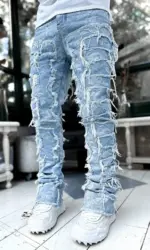 Men's Regular Fit Stacked Jeans Ripped Slim Fit Patch Distressed Destroyed Straight Denim Pants Hip Hop Streetwear Trouser Cloth