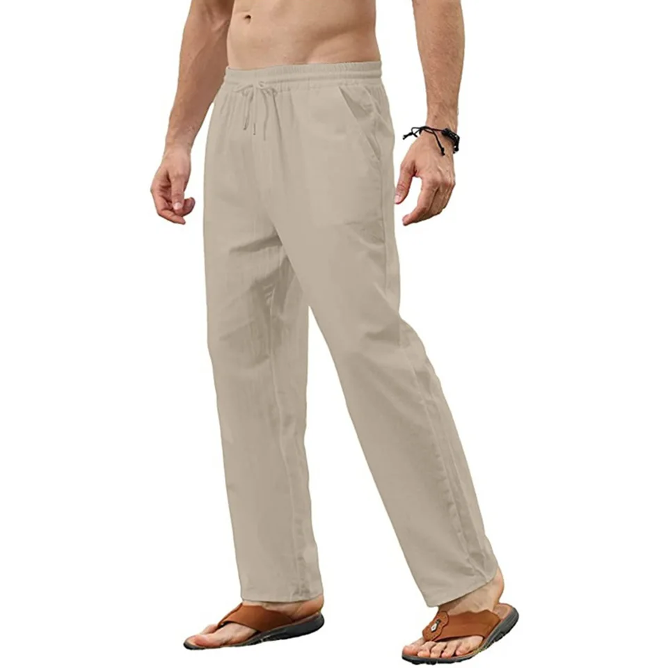 Men's Cotton Linen Pants Casual Loose Pants Male Breathable Solid Color Drawstring Jogger Yoga Baggy Trousers - Image 3