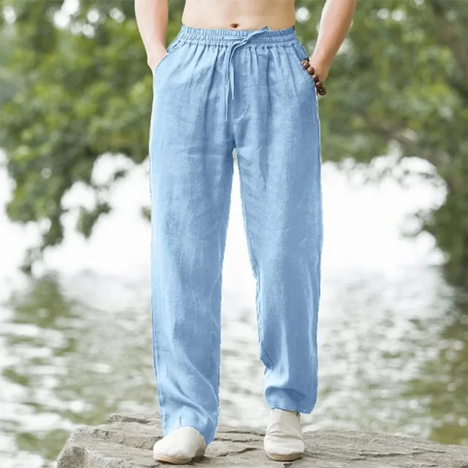 2025 summer men's cotton and linen oversized wide leg pants, men's artistic style elastic waist solid color casual loose pants - Image 2