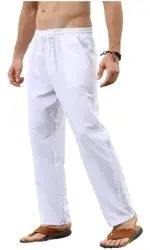 Men's Cotton Linen Pants Casual Loose Pants Male Breathable Solid Color Drawstring Jogger Yoga Baggy Trousers