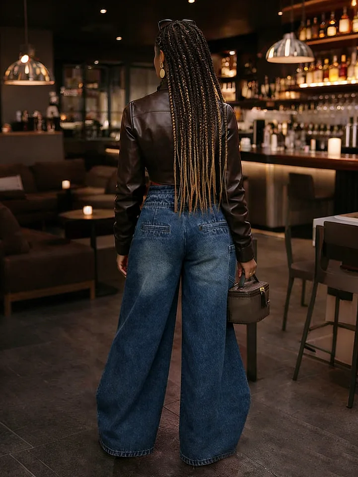Vintage Washed Denim Wide Leg Pants Women Asymmetrical Wrap Overlap High Waist Y2K Streetwear Casual Fashion Baggy Jeans - Image 2