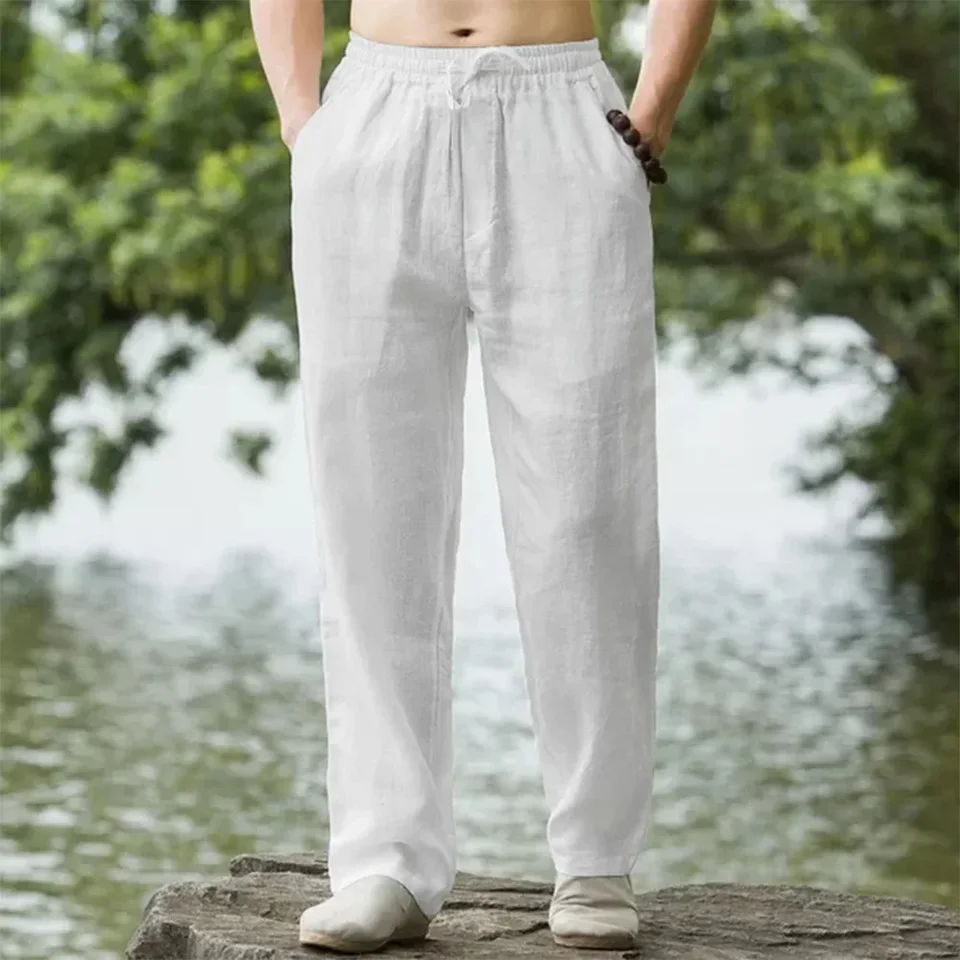 2025 summer men's cotton and linen oversized wide leg pants, men's artistic style elastic waist solid color casual loose pants - Image 4