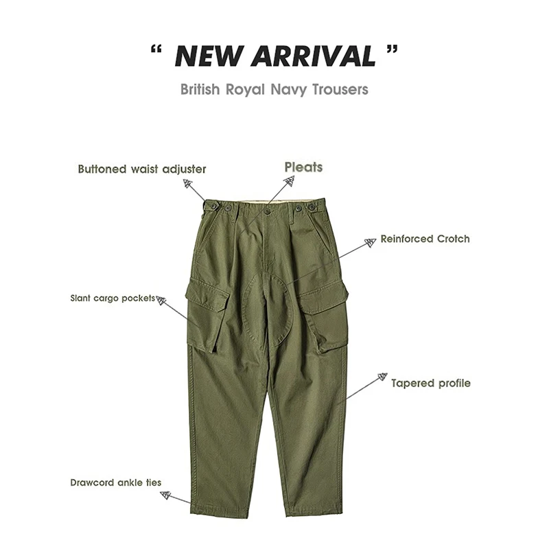 Men's vintage British Royal Navy pants, pure cotton tapered cargo pants, all-season casual large-pocket straight-cut long pants - Image 3