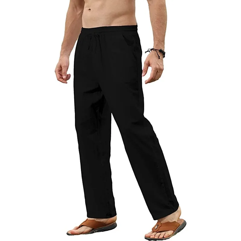Men's Cotton Linen Pants Casual Loose Pants Male Breathable Solid Color Drawstring Jogger Yoga Baggy Trousers - Image 4
