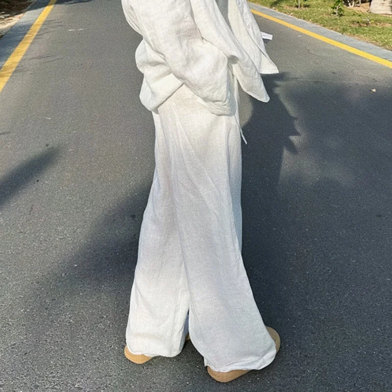 Elegant Cotton Linen Baggy Pants Fashion Women High Waist Drawstring Pocket Loose Wide Leg Pant Casual Streetwear New Trousers - Image 3