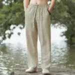 2025 summer men's cotton and linen oversized wide leg pants, men's artistic style elastic waist solid color casual loose pants