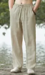2025 summer men's cotton and linen oversized wide leg pants, men's artistic style elastic waist solid color casual loose pants
