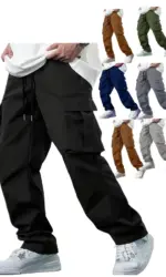 2026 Amazon Summer New Men's Work Pants European and American Independent Station Drawstring Multi Pocket Casual Pants
