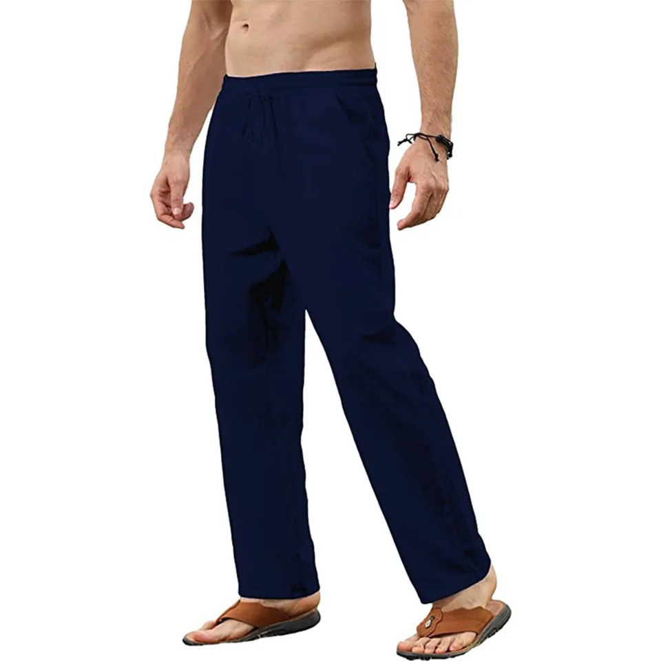 Men's Cotton Linen Pants Casual Loose Pants Male Breathable Solid Color Drawstring Jogger Yoga Baggy Trousers - Image 2