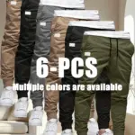 6pcs men's seasonal loose long waistband multi pocket workwear pants, solid color pants, casual outdoor sports holiday gifts