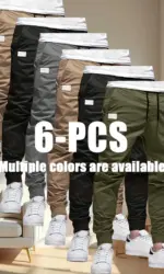6pcs men's seasonal loose long waistband multi pocket workwear pants, solid color pants, casual outdoor sports holiday gifts