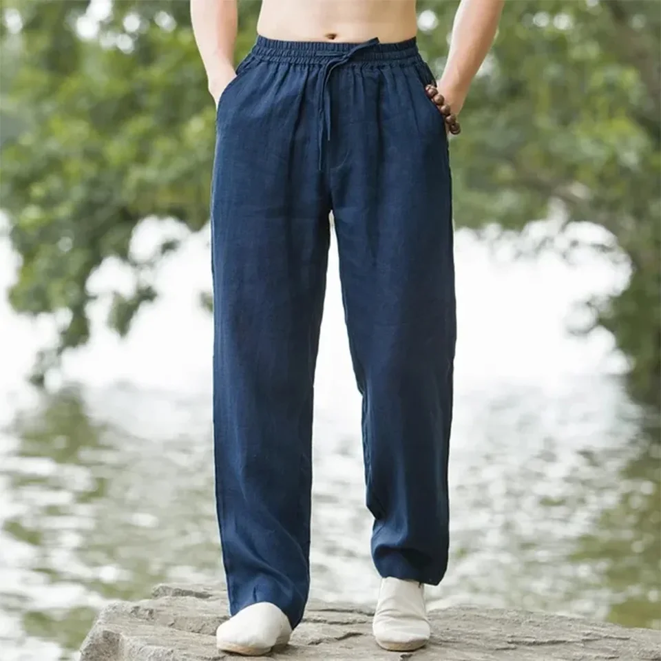 2025 summer men's cotton and linen oversized wide leg pants, men's artistic style elastic waist solid color casual loose pants - Image 6
