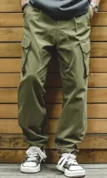 Men's vintage British Royal Navy pants, pure cotton tapered cargo pants, all-season casual large-pocket straight-cut long pants