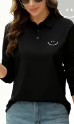 A Big Smiling Face Printing Polo Shirt Womens Sporty Long Sleeves Tops Spring Summer Breathable T-Shirts Casual Womans Clothes