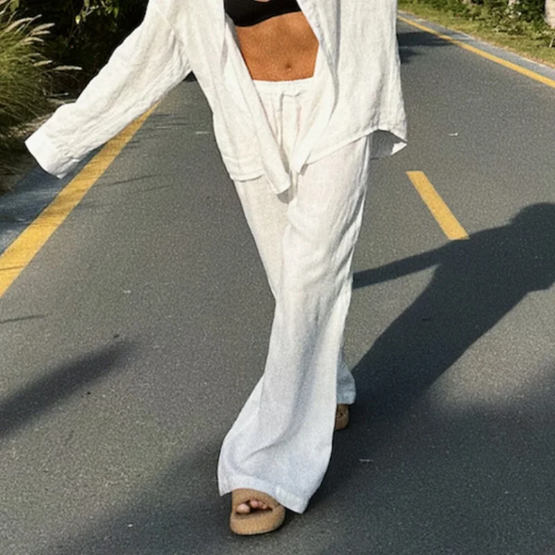 Elegant Cotton Linen Baggy Pants Fashion Women High Waist Drawstring Pocket Loose Wide Leg Pant Casual Streetwear New Trousers - Image 2