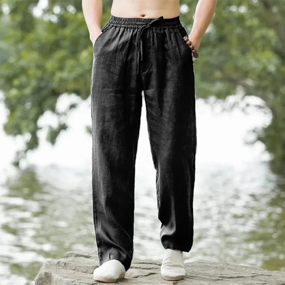 2025 summer men's cotton and linen oversized wide leg pants, men's artistic style elastic waist solid color casual loose pants - Image 5