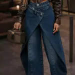 Vintage Washed Denim Wide Leg Pants Women Asymmetrical Wrap Overlap High Waist Y2K Streetwear Casual  Fashion Baggy Jeans