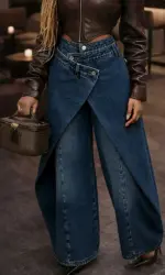 Vintage Washed Denim Wide Leg Pants Women Asymmetrical Wrap Overlap High Waist Y2K Streetwear Casual  Fashion Baggy Jeans