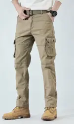 2026 Men's Cargo Pants Straight Leg Cotton Stretch Tactical Trouser Male Military Outdoor Camping Fishing Casual Work Wear Khaki
