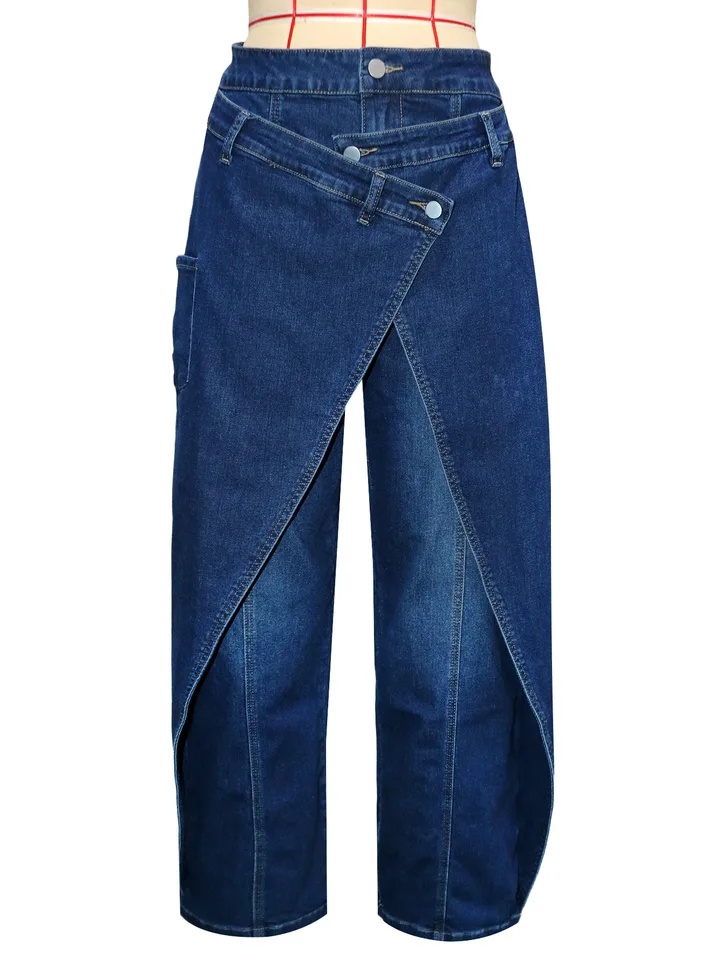 Vintage Washed Denim Wide Leg Pants Women Asymmetrical Wrap Overlap High Waist Y2K Streetwear Casual Fashion Baggy Jeans - Image 6