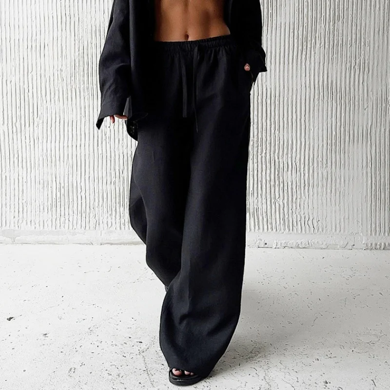 Elegant Cotton Linen Baggy Pants Fashion Women High Waist Drawstring Pocket Loose Wide Leg Pant Casual Streetwear New Trousers - Image 4
