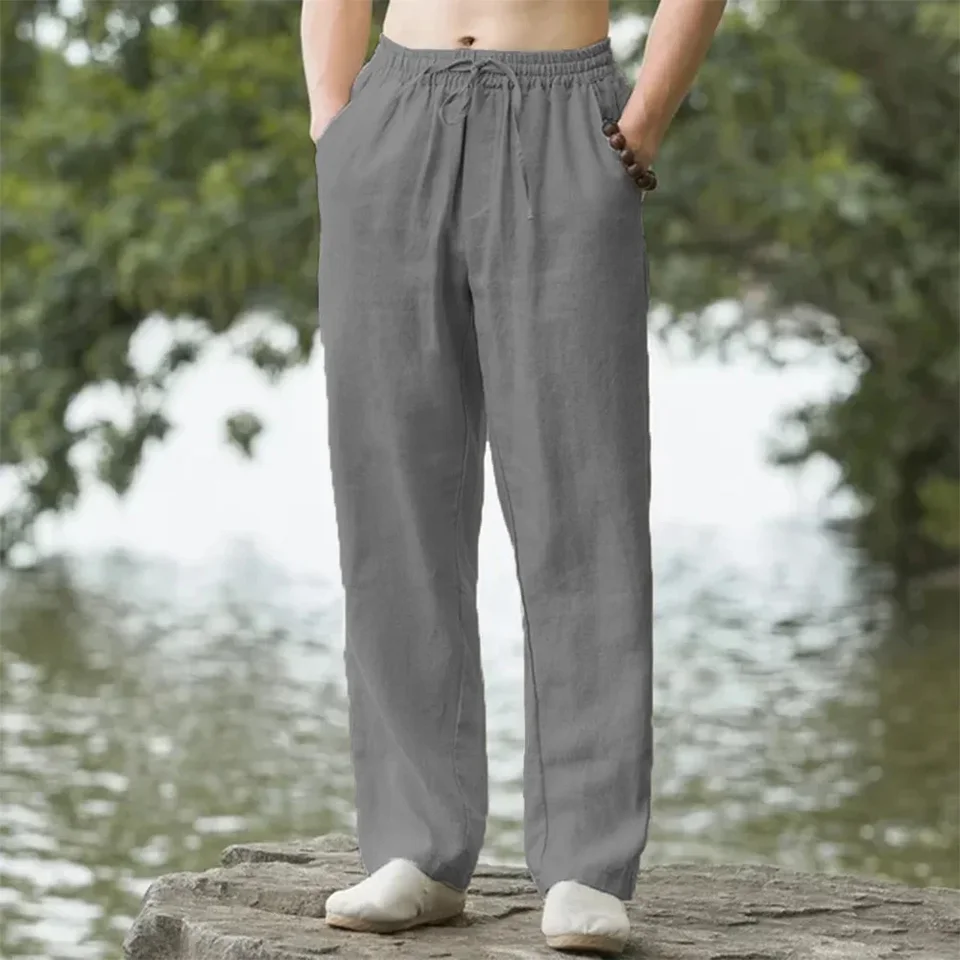 2025 summer men's cotton and linen oversized wide leg pants, men's artistic style elastic waist solid color casual loose pants - Image 3