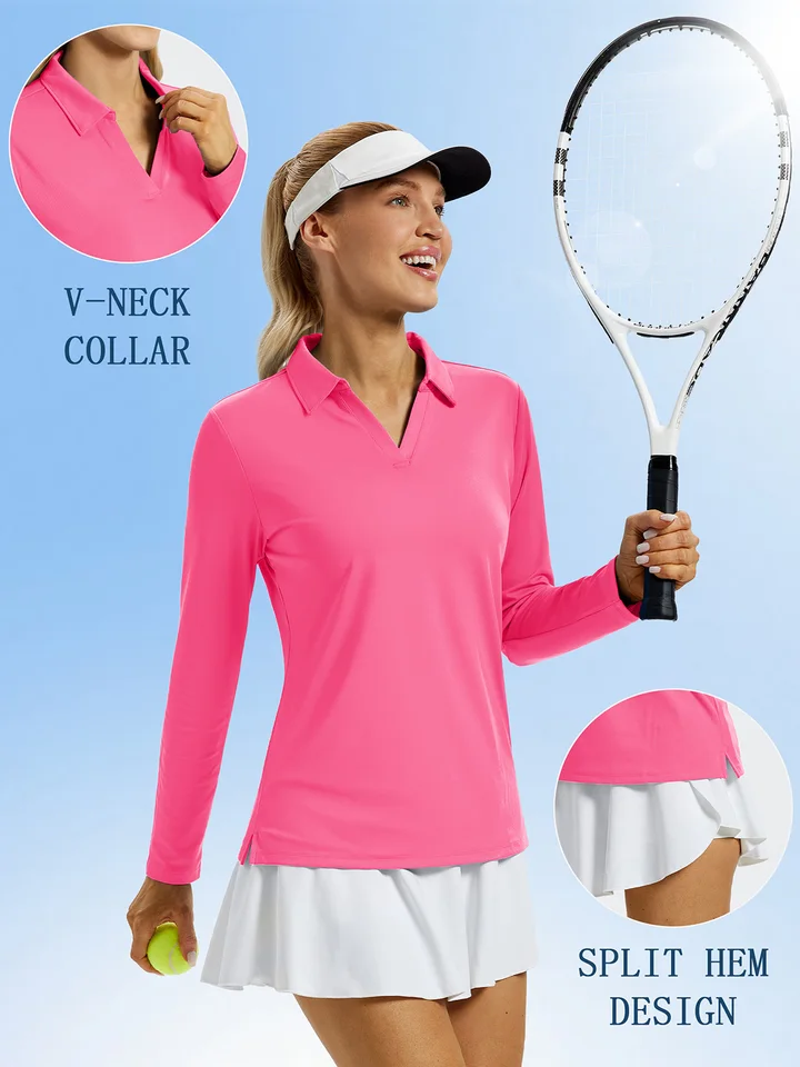 TACVASEN Women's Long Sleeve Golf Polo Shirts UPF 50+ Sun Protection V-Neck Tennis Tops Moisture Dry Athletic Performance Shirts - Image 4