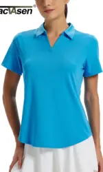 TACVASEN Womens UPF 50+ Sun Protection Golf Polo Shirts Short Sleeve V-Neck Curved Hem Tennis Tops Moisture Wicking Shirts