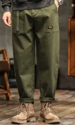 HIQOR Men's Loose Profile Pants American Vintage Trousers For Men High Waist Army Green Men's Casual Pants Cargo Trousers Male