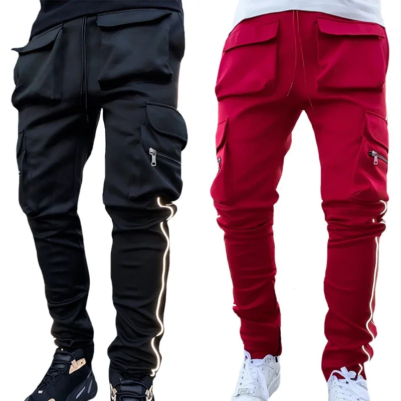 Summer Men's Jogging Sports Pants Multi-Pocket Sweatpants Running Trousers Men's Casual Joggers Cargo Reflective Hip Pop Pants - Image 3
