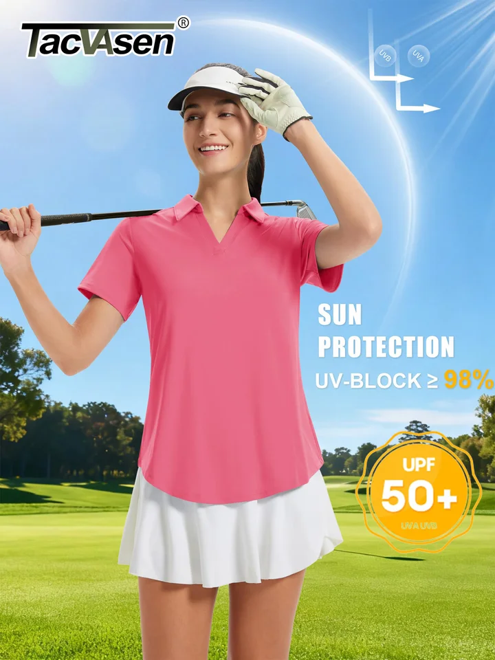 TACVASEN Womens UPF 50+ Sun Protection Golf Polo Shirts Short Sleeve V-Neck Curved Hem Tennis Tops Moisture Wicking Shirts - Image 4