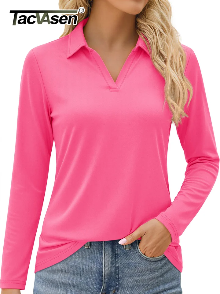 TACVASEN Women's Long Sleeve Golf Polo Shirts UPF 50+ Sun Protection V-Neck Tennis Tops Moisture Dry Athletic Performance Shirts - Image 2